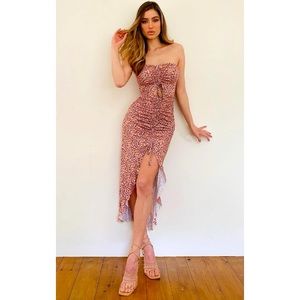 Peach Ditsy Floral Ruched Frill Bandeau Midi Dress